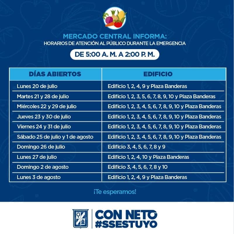 DefenssaCapital's tweet photo. Te brindamos los horarios disponibles hasta el 3 de agosto del presente año para que realices tus compras en el Mercado Central:

⬇️⬇️

#Smart912 #SSEnAlerta https://t.co/KOuELqxR2C