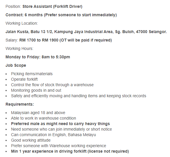 ChloeTan1226's tweet photo. Store Assistant (Forklift) needed at #SungaiBuloh ‼️
Please share &amp; RT. Kindly send me your resume at Tan_Sookping@kellyservices.com.my 

@haikerja @indeed @twt_kerja @MauKerjaMY @jomkerjamy @Oh_KerjaKosong @Twt_IklanKerja @twt_job @kerjakosongla @ZOHL_KERJAYA
 #vacancy #job https://t.co/2C886axGIj