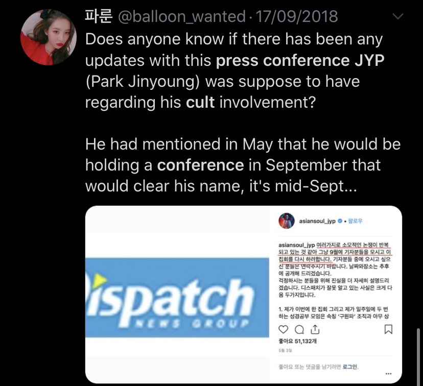  wheres the press conference jyp?source for cult:-  https://kbizoom.com/jyp-entertainment-to-be-in-danger-as-dispatch-revealed-shocking-news-about-park-jin-young-  https://www.koreaboo.com/news/jyp-dispatch-cult-salvation-sect-religion/source for rkelly:-  https://www.koreaboo.com/news/r-kelly-kpop-involvement-surviving-r-kelly/