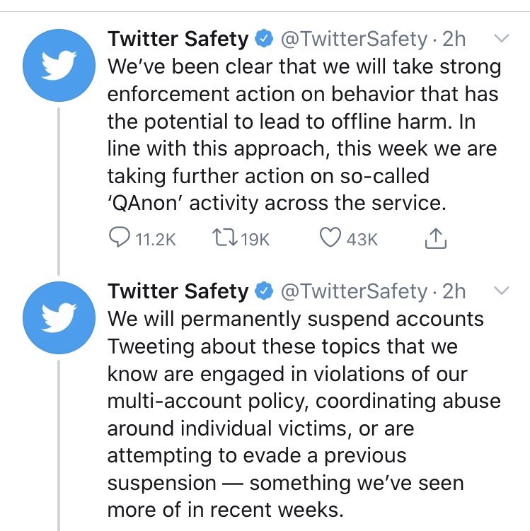 Per the attached tweets from Twitter Safety, Q-A-N-O-N is not initself a violation of Twitter Rules. Instead, Twitter says they will suspend those account for already being in violations of other Twitter rules (which are not applied to Trump Russia Conspiracy Theorists).