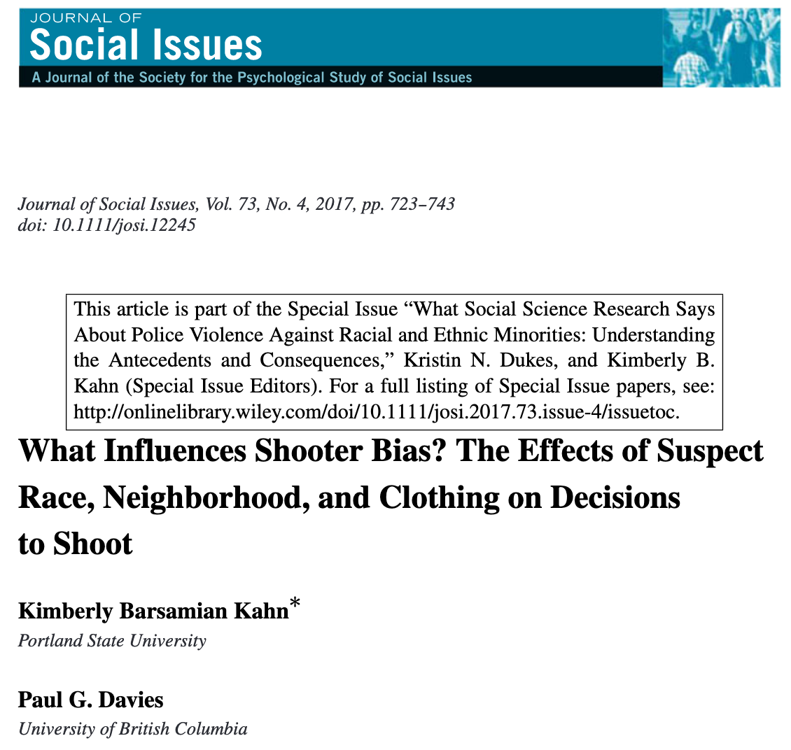 599/ "Unarmed Black targets in threatening attire were marginally more likely to be mistakenly shot compared to unarmed White targets in threatening attire ... Marginally more errors were also made against unarmed Blacks in threatening attire compared to Blacks in safe attire."
