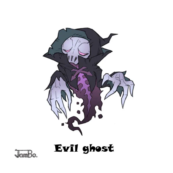 No44.Evil ghost. 悪い幽霊。悪そうな仮面っぽい顔をしている。力の強い個体はもっと悪そうな顔してる。暗いとこで会ったらコワイ。 