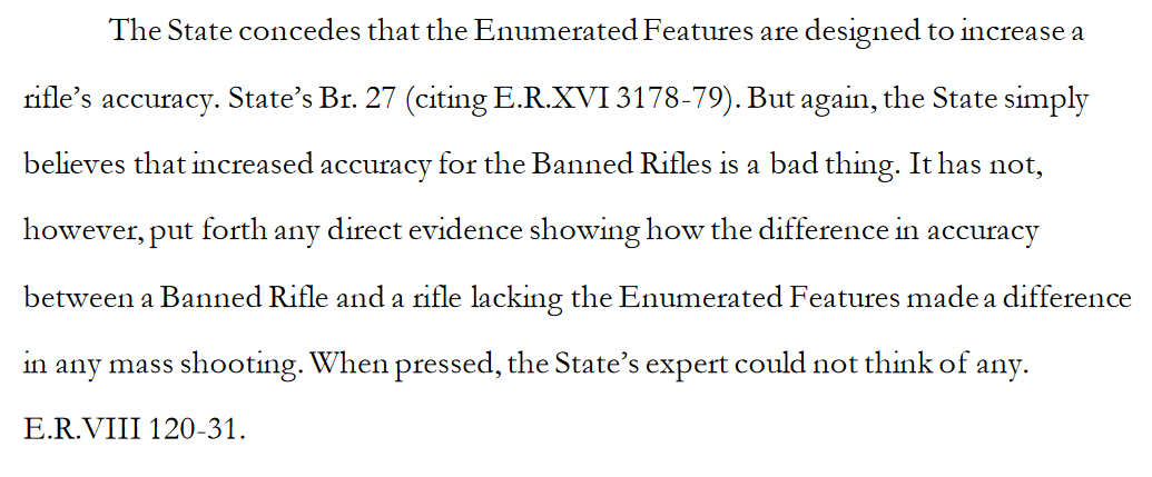 "[The state] has not, however, put forth any direct evidence showing how the difference in accuracy between a Banned Rifle and a rifle lacking the Enumerated Features made a difference in any mass shooting. When pressed, the State’s expert could not think of any."
