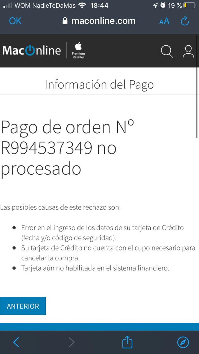 fabicopado's tweet photo. @maconlinechile hola tengo un problema con Mercado Pago?? Al momento de ir al pago me aparece que la transacción no se puede realizar https://t.co/bz6MmDiF5v
