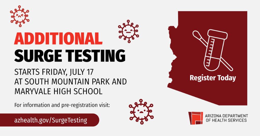 AZDHS's tweet photo. For Surge Site Testing, pre-registration is not required and you do not need a state-issued ID. No one will be turned away. https://t.co/w2fsZoAyhV #COVID19 https://t.co/W5CUkVMm2h