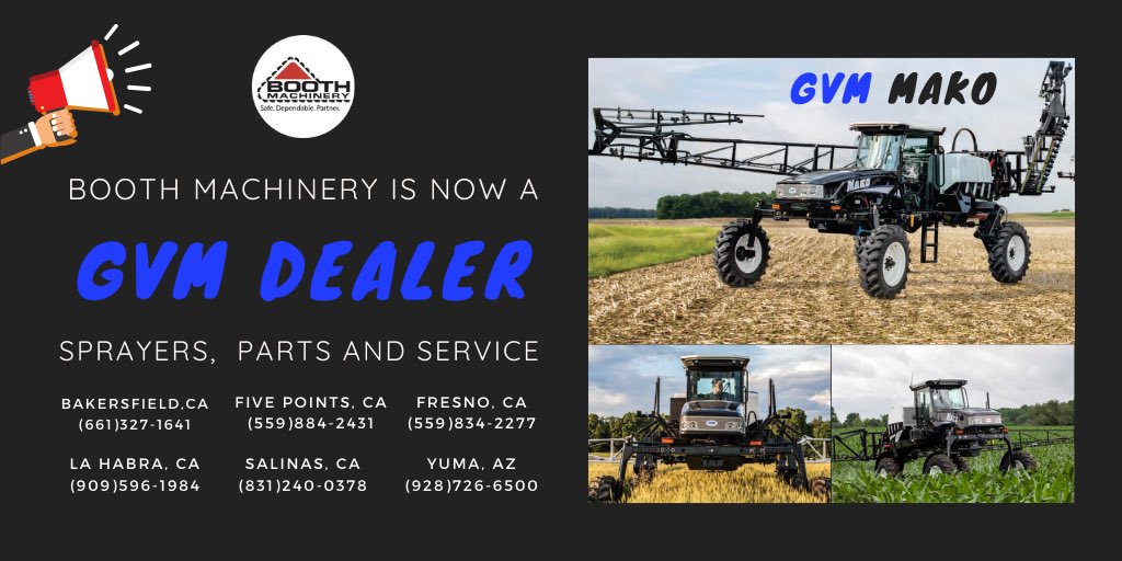 BoothMachinery's tweet photo. Special announcement 📣 We are excited to share that we are now a GVM dealer! For any inquiries, visit our website or contact your local Booth Machinery today. #GVM #Mako #BoothMachinery #Safe #Dependable #Partner #Ag #Yuma #Bakersfield #Fresno #FivePoints #Salinas #LaHabra https://t.co/1mH06k4kpP