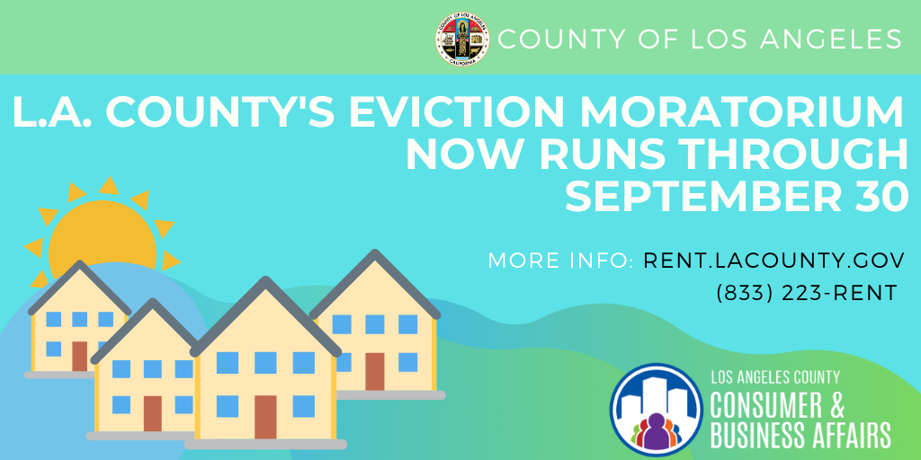 LACountyDCBA's tweet photo. Today, the @LACountyBOS voted to extend the #Eviction Moratorium through September 30, 2020. 

Our rent counselors can answer your questions.

Learn more and contact us:

📞(833) 223-RENT (7368)
💻https://t.co/lB4SMRxVzY
📧rent@dcba.lacounty.gov https://t.co/UNRW1RPeEJ