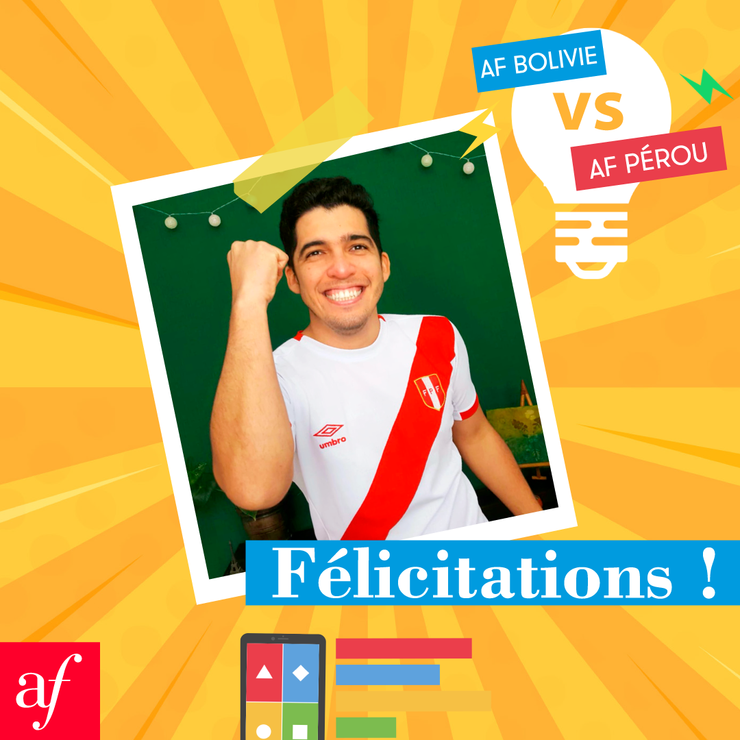 AF_Trujillo1's tweet photo. ¡Felicitaciones Eduardo!
Estamos seguros que harás un gran trabajo representando a la Red de Alianzas Francesas del Perú en el desafío contra las Red AF de #Bolivia
✨¡Confiamos en ti!✨
#FranciaenPerú #onvagagner #DefiInterAF #culturefrancophone #viveleperou #af130ans #teamperou https://t.co/o3gbtEp65d