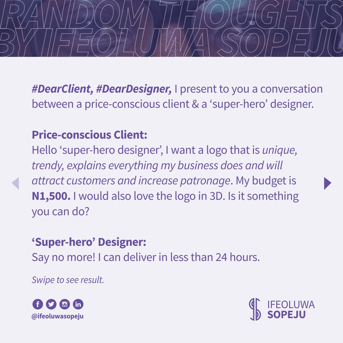 RTBIS 20A thread. #RandomThoughtsByIfeoluwaSopeju  #RTbyIfeoluwaSopeju  #RTBIS  #IfeoluwaSopeju  #DearDesigner  #DearDesigners  #DearClient  #DearClients  #LogoDesign  #MockupDesign  #GlassMockup  #WallMockup  #LogoMockup  #3DLogo  #3DLogoDesign