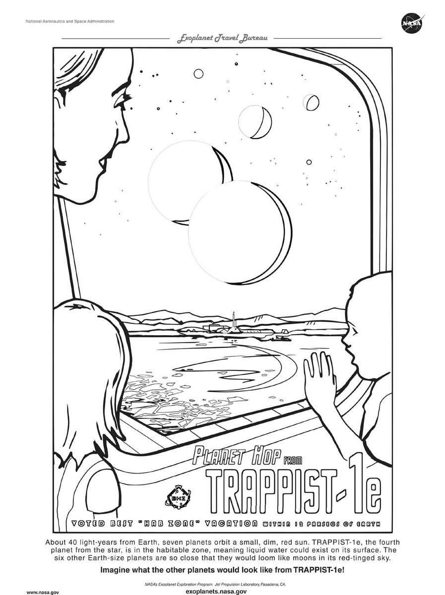 A black and white coloring page for the TRAPPIST-1e poster showing a woman and two children looking out a window to see planets looming like large moons on the surface.