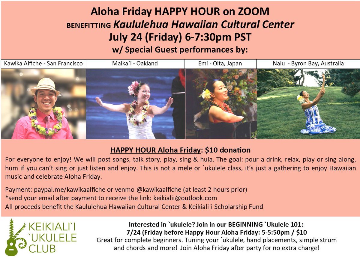 ka_poha's tweet photo. Kumu Hula Kawika Alfiche と一緒に
Aloha Fridayを楽しもう!
世界各国からZoomで参加できるKanikapila
Ululeleを弾いて一緒に歌って踊りましょう。
日本時間 土曜日10時〜11時半
参加費$10
#Hula
#Kanikapila
#Ululele
#ウクレレ
#ハワイ
#フラダンス https://t.co/OOdfgAUPZr