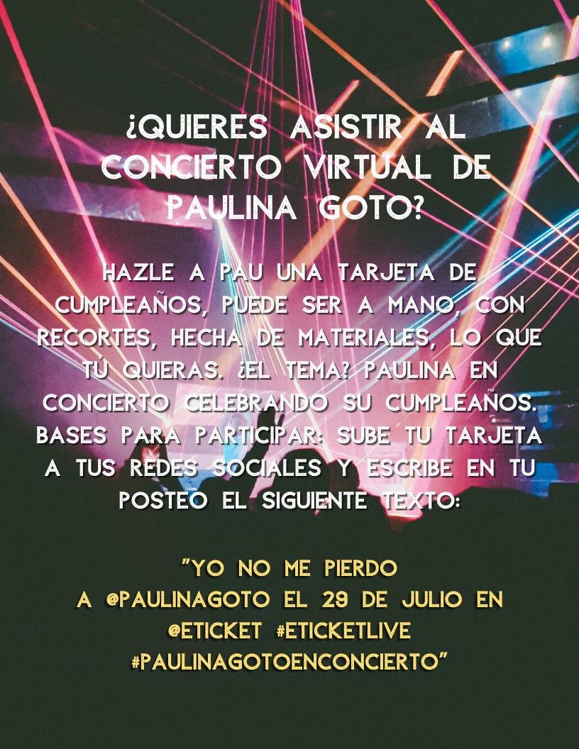 soypaulinagoto's tweet photo. ¡Te invito a mi concierto! Participa en la dinámica para llevarte una de las 10 cortesías que tengo para ti y me acompañes como mi invitadx especial el 29 de julio en @eticket #eticketLive. Te dejo toda la información para que formes parte de esta fiesta. https://t.co/mJ7INzhLzS