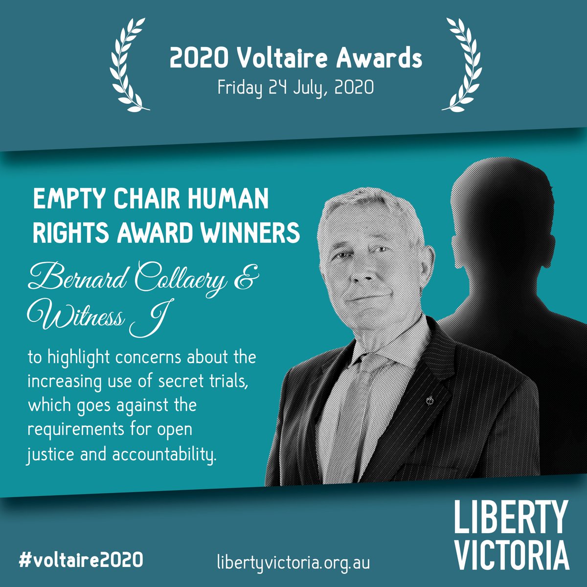 LibertyVic's tweet photo. Liberty Victoria honours Bernard Collaery and Witness J Empty Chair Award.  

Join us for the Voltaire Awards this Friday 24 July at  7pm

https://t.co/TkqjcNLgNv https://t.co/Yfk2DJBuhD