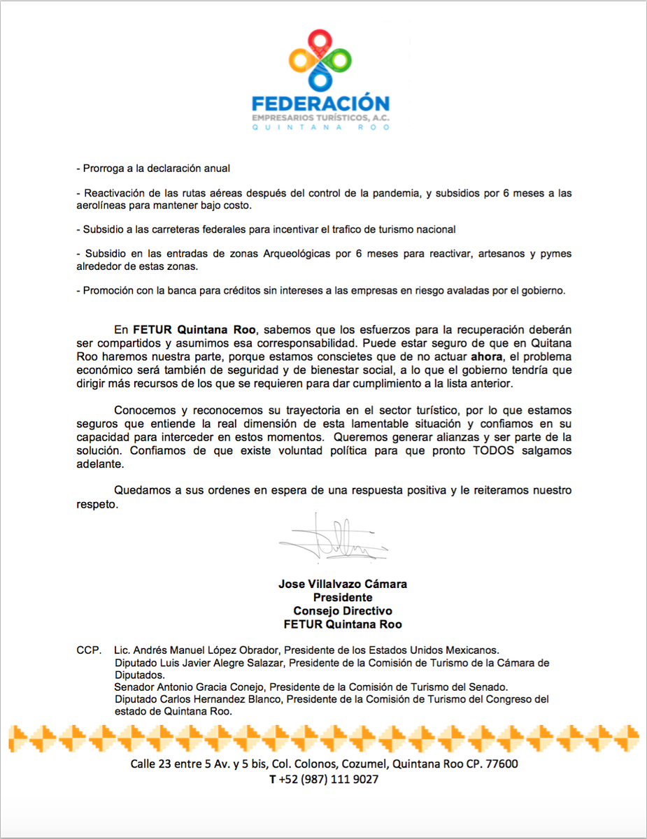 FETURQROO's tweet photo. Entregamos propuestas para la pronta recuperación del turismo a @lopezobrador_ @TorrucoTurismo y seguimos en espera de una respuesta #TurismoPrioridadNacional #TuristerosUnidos @feturnacional https://t.co/VVv3mpMFVs