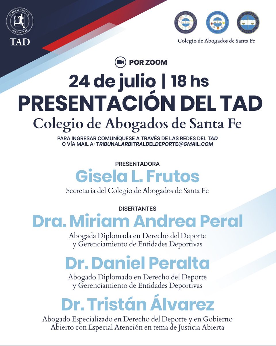 drdanielperalt1's tweet photo. El TAD se presentara en el Colegio de Abogados de la Provincia de Santa Fe, explicará su funcionamiento y el procedimiento de Arbitraje. @aladdeoficial @BetGiuliodori @aladdeoficial @arielreck @juanraskovsky @DerechoDepARG https://t.co/V5it4sNaTQ