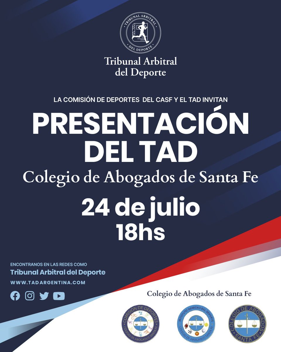 El TAD se presentara en el Colegio de Abogados de la Provincia de Santa Fe, explicará su funcionamiento y el procedimiento de Arbitraje. <a href="/aladdeoficial/">Aladdeoficial</a> <a href="/BetGiuliodori/">ᗷetina Giuliodori</a> <a href="/aladdeoficial/">Aladdeoficial</a> <a href="/arielreck/">Ariel N Reck</a> <a href="/juanraskovsky/">Juan Raskovsky</a> <a href="/DerechoDepARG/">Derecho Deportivo</a>
