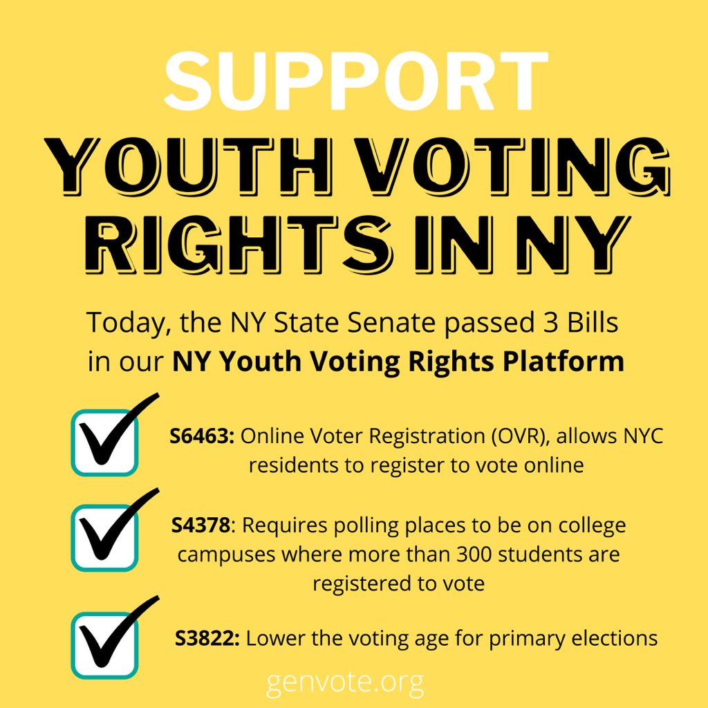 GenVoteUS's tweet photo. BIG NEWS: The NY State Senate passed 3 voting bills from our First NY Youth Voting Rights Platform!! We need your help to protect our right to vote &amp; support youth voting rights. Call your Assembly member &amp; demand that they pass these bills. Let’s continue making history 👏🏽 https://t.co/0Kqf2bAZDB