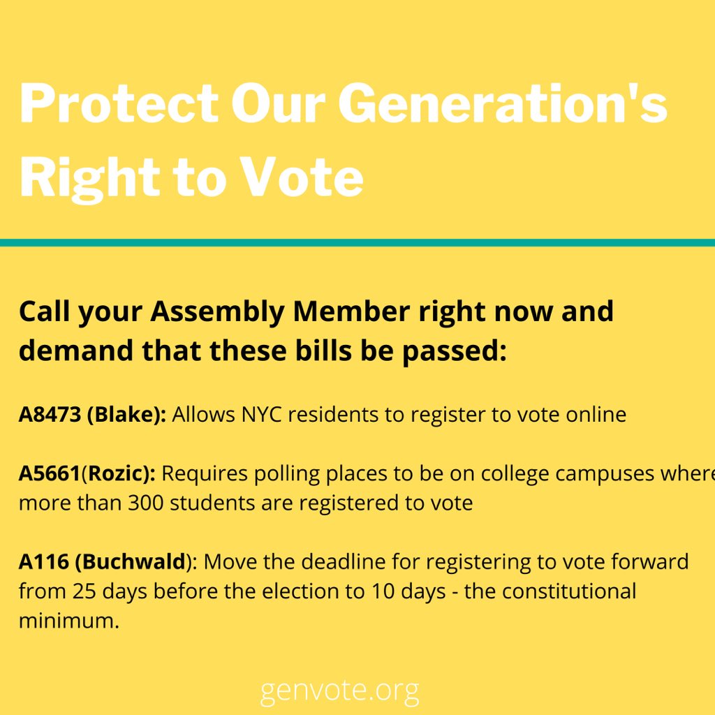 GenVoteUS's tweet photo. BIG NEWS: The NY State Senate passed 3 voting bills from our First NY Youth Voting Rights Platform!! We need your help to protect our right to vote &amp; support youth voting rights. Call your Assembly member &amp; demand that they pass these bills. Let’s continue making history 👏🏽 https://t.co/0Kqf2bAZDB