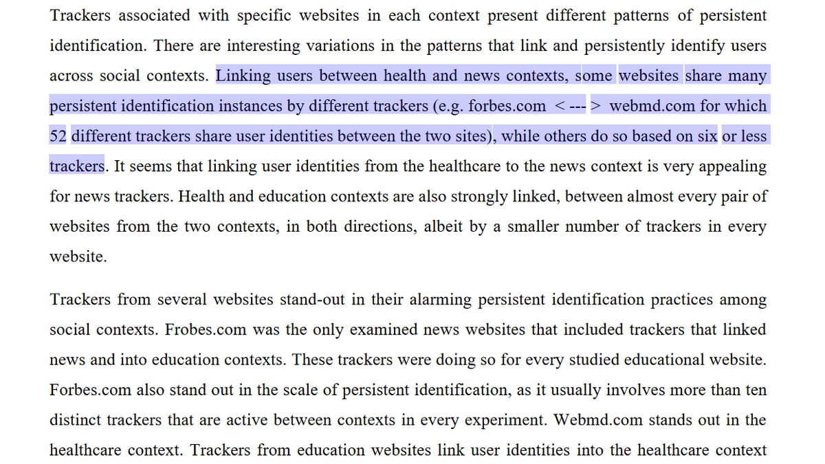 For example, the study observed 52 third-party trackers sharing user identities between website visits on Forbes and WebMD.This proves that Forbes and WebMD facilitate personal data processing on visitors of both sites through 52 other companies. What's the GDPR lawful basis?