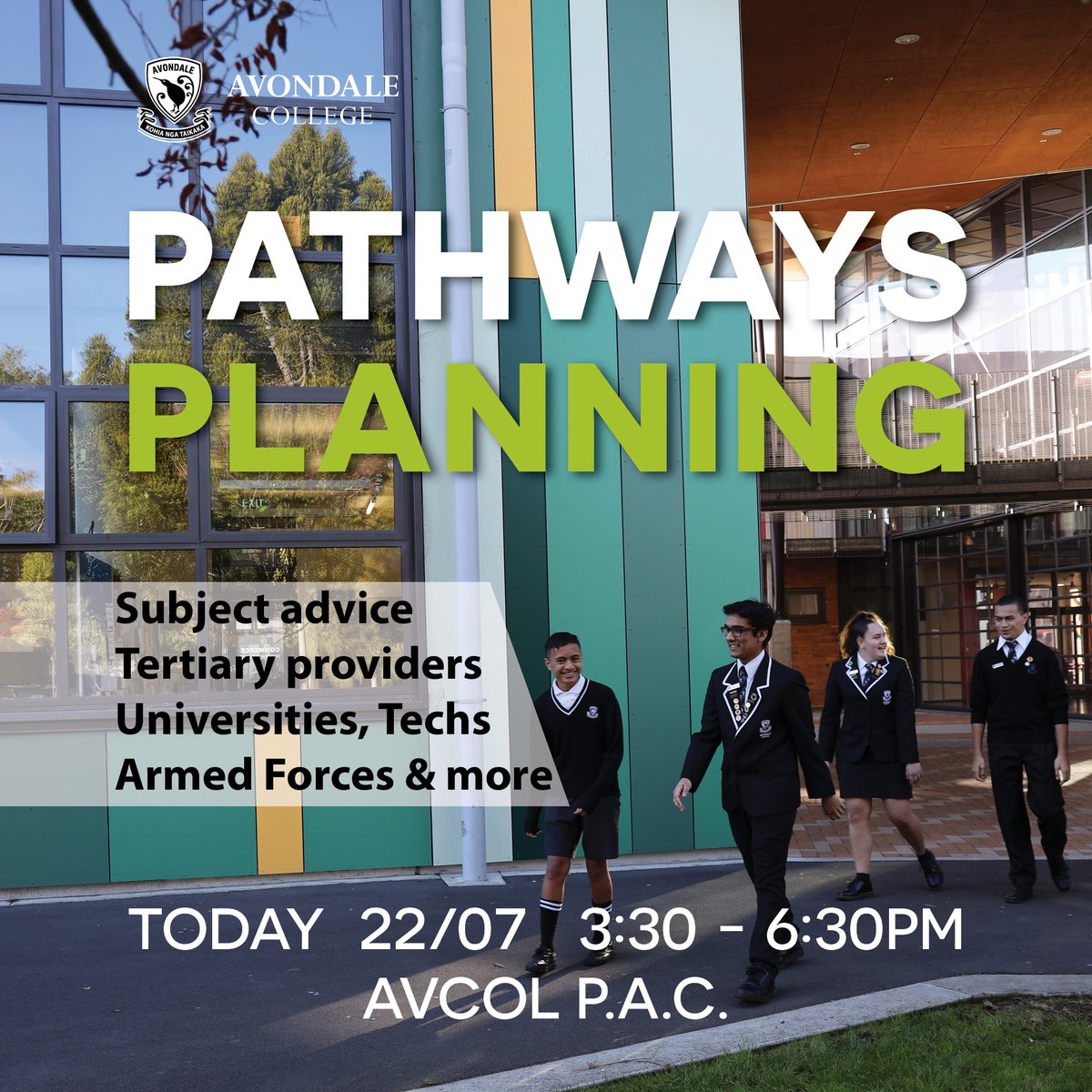 AvcolNZ's tweet photo. Don't miss out on our Pathways Planning expo event this afternoon! Get advice on subject choices, talk to tertiary providers, plan your career path! #AvondaleCollege #Avcol #PathwaysPlanning https://t.co/qinZ0SmcHt