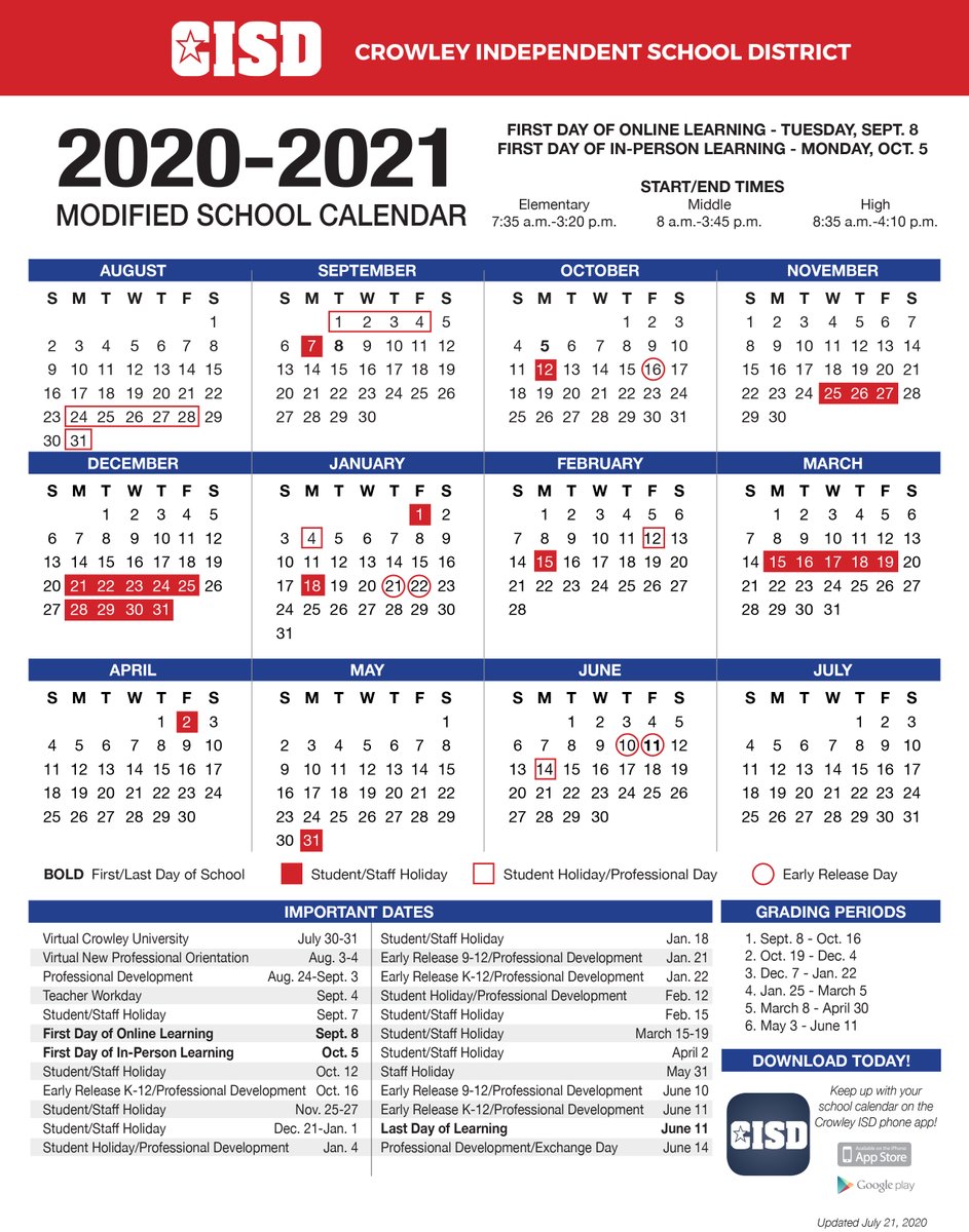 Crowley Isd On Twitter The Board Of Trustees Has Approved A Modified Calendar For A Safe Return To School Online Learning For All Students Will Begin Tuesday Sept 8 In Person Learning Is