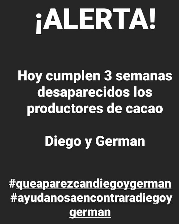 douglasdager's tweet photo. Hoy se cumplen 3 semanas de la desaparición en el estado Miranda de los productores de cacao Diego Gil y Germán González, seguimos en su ardua búsqueda! TIENEN QUE APARECER SANOS Y SALVOS! https://t.co/qWIvQHpQcr