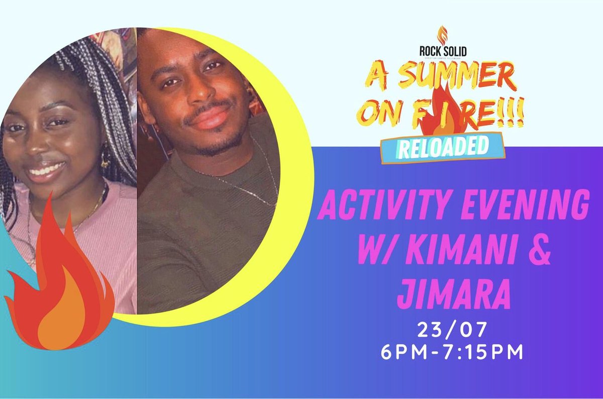 RockSolid_Kent's tweet photo. Do you love bible quizzes? Are you good at general knowledge? Are you up for a good challenge?👀 Then, don’t miss “A Summer on Fire” this Thursday 23rd July🔥Kimani, from Rock Solid Kent and Jimara, from Rock Solid Queen Mary will be hosting our Activity Evening! #asummeronfire🏖 https://t.co/8tN0CCf7TE