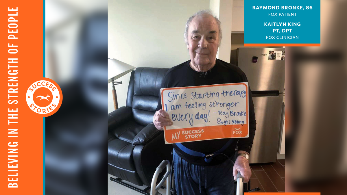 FOXRehab's tweet photo. Be stronger. Live better longer.
Since starting therapy with FOX clinician Kaitlyn King, PT, DPT, Raymond Bronke, 86 years young, is feeling stronger every day!
#FOXfeats #WeAreFOX #OutpatientOnWheels #FlattenTheCurve #PhysicalTherapy #PT https://t.co/5BbYY6jYiH