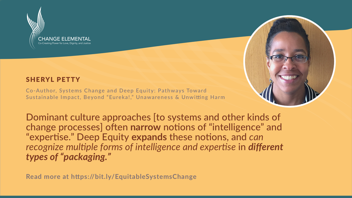 cocreatingpower's tweet photo. Systems change efforts without deep equity cause harm. How can we center deep equity in all systems change efforts? 
New monograph by Sheryl Petty &amp; Mark Leach shares more→  https://t.co/fGXF2FPspN 

#EquitableSystemsChange #BeyondEureka https://t.co/PGo5nmXv18