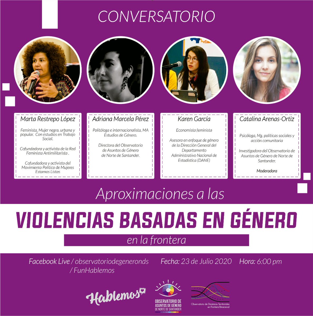 FunHablemos's tweet photo. Nos vemos el jueves para conversar sobre #VBGEnLaFrontera. Será una oportunidad para hablar sobre las violencias contra las mujeres en el país y analizar las particularidades de Norte de Santander. https://t.co/7J5utHqFH1