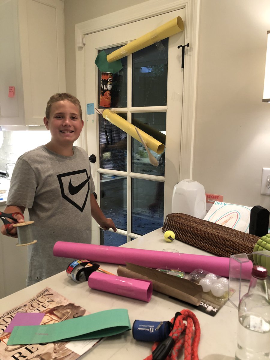 mmnellen's tweet photo. Hey @mrronclark_, it’s not a surprise, but T is loving your STEM camp this week! We also have lost all access to our back door in hopes that his #RubeGoldbergMachine effectively feeds Tippet a treat as she “kennels up.” Very “TBD” at this point, but full engagement for sure! https://t.co/jDAfZY8Av9