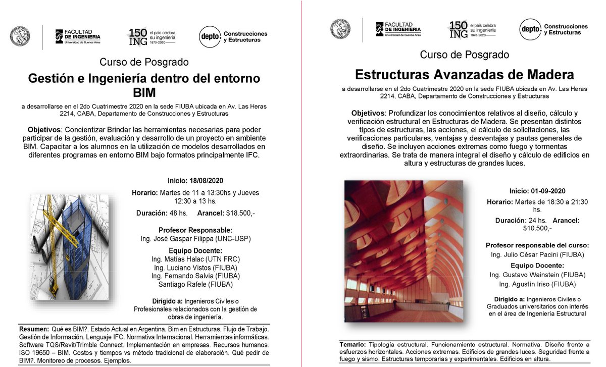 cyeFiuba's tweet photo. Abierta la inscripción a los siguientes #CursosCyEFIUBA

-Gestión e Ingeniería del entorno BIM

-Estructuras Avanzadas de Madera

Inscripción: https://t.co/8TDVcPpRHU

Más info: https://t.co/nmvLjSWHHV https://t.co/irE4FryjBF