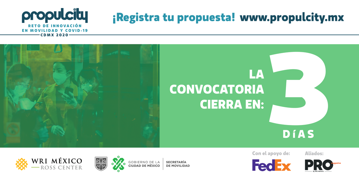 ¡QUEDAN 3 DÍAS PARA EL CIERRE DE CONVOCATORIA!
Recuerda que con el #RetoMovilidadyCovidCDMX puedes llevarte hasta 100 mil pesos mientras ayudas a la ciudad.
Registra tus propuestas aquí: bit.ly/2YHw4Nx
Tienes hasta este viernes 24 de julio.
¡Participa!