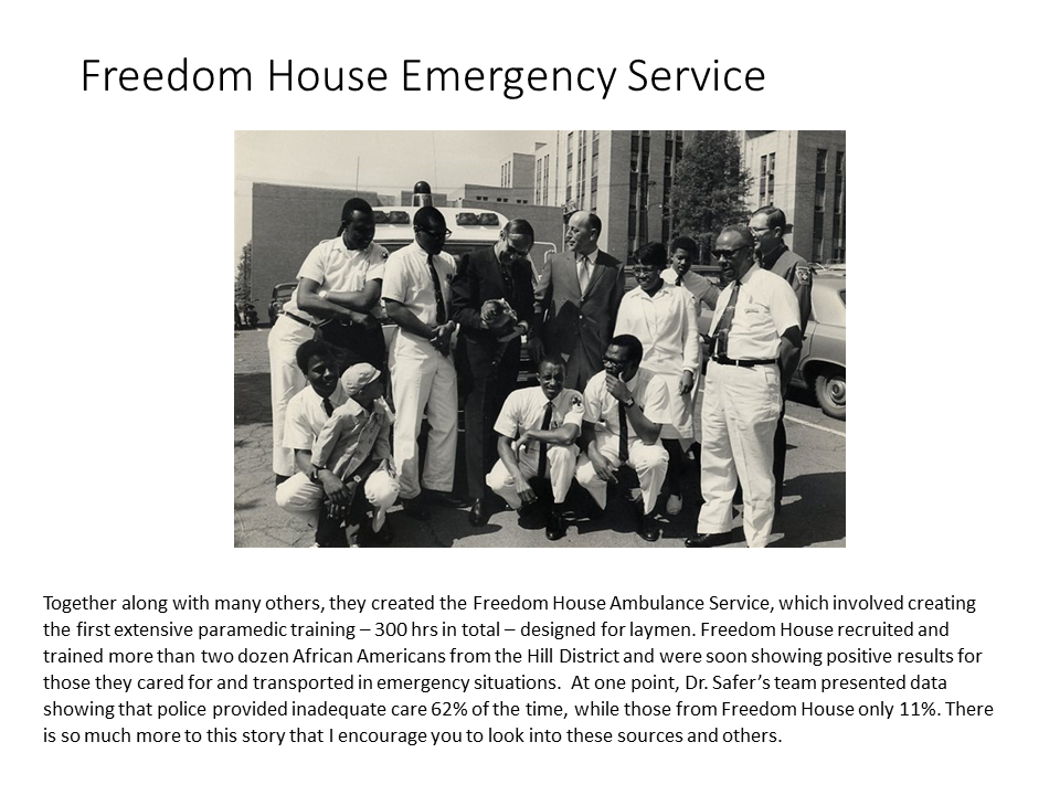 In Pittsburgh, a doctor, Freedom House, a primarily black institution, teamed up with a local doctor, who happened to be the "father of CPR" and launched the first extensive training that would become what we recognize as paramedicine or EMT services today. 4/x