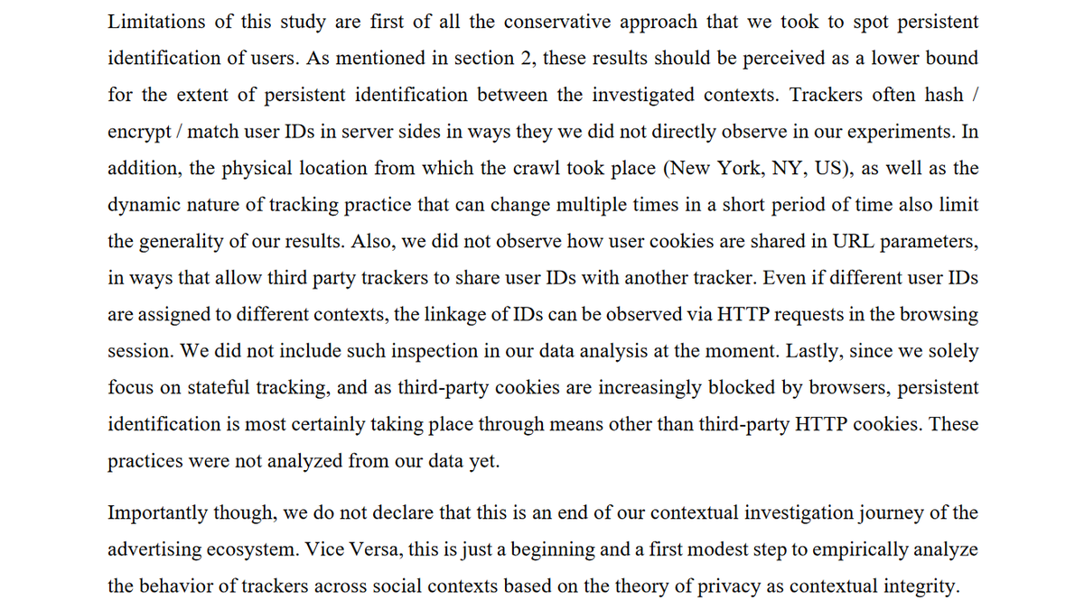 The authors mention several limitations, mostly leading to underestimating issues.Every site visit can trigger different trackers, depending on who won the ad/data auction, syncing intervals etc.Anyway, ID syncing across parties proves the depth of personal data processing.