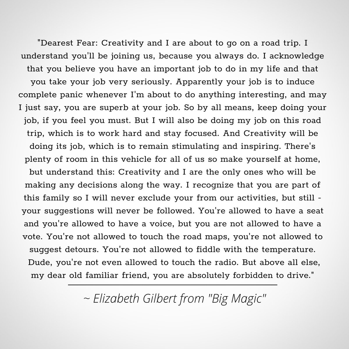 candicesand's tweet photo. A little excerpt from the new book occupying my nightstand π for all the creatives out there βοΈ
β’
β¨ From #BigMagic by @GilbertLiz
β’
#creatives #creativeprofessional #writers #artists #musicians #songwriters #dancers #quote #quotes #fearquotes #elizabethgilbert #creativequote https://t.co/l730Jeujkc