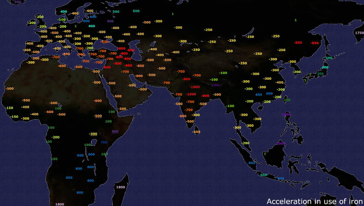 Map of "acceleration in the use of iron" (i.e. not its earliest use but when iron became frequently used as weapons, farming tools, building materials, ornaments).Northern India was earliest.