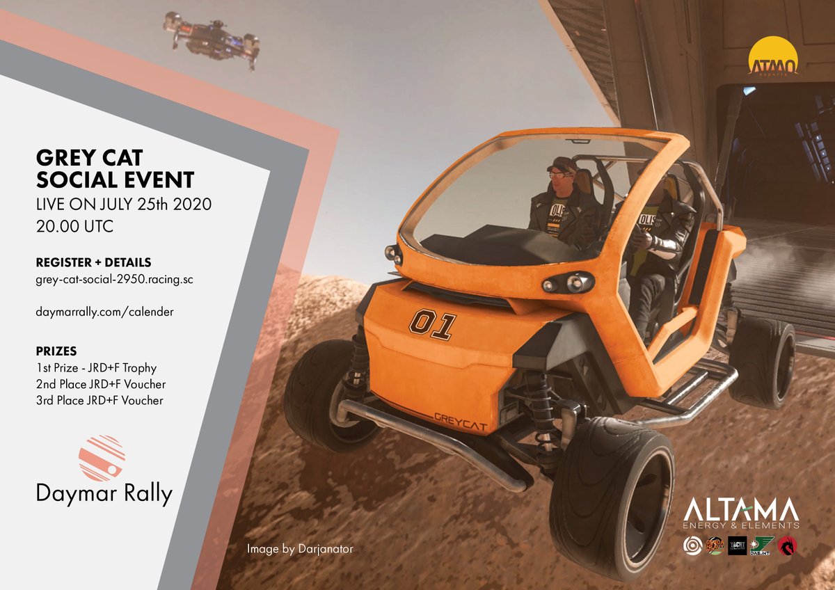 ATMOesports's tweet photo. Don't forget! The @DaymarRally Grey Cat Social Event is this Saturday 20:00UTC. @JRDesFab trophy to be won! Register here https://t.co/MpOfsdJdSM by the 24th to participate. Can you beat @BinaryLoop! @LtDanOfficial1 @TheFewHimself @RobertsSpaceInd @ibracitizen  Image:@Darjanator https://t.co/soUc21fqaO