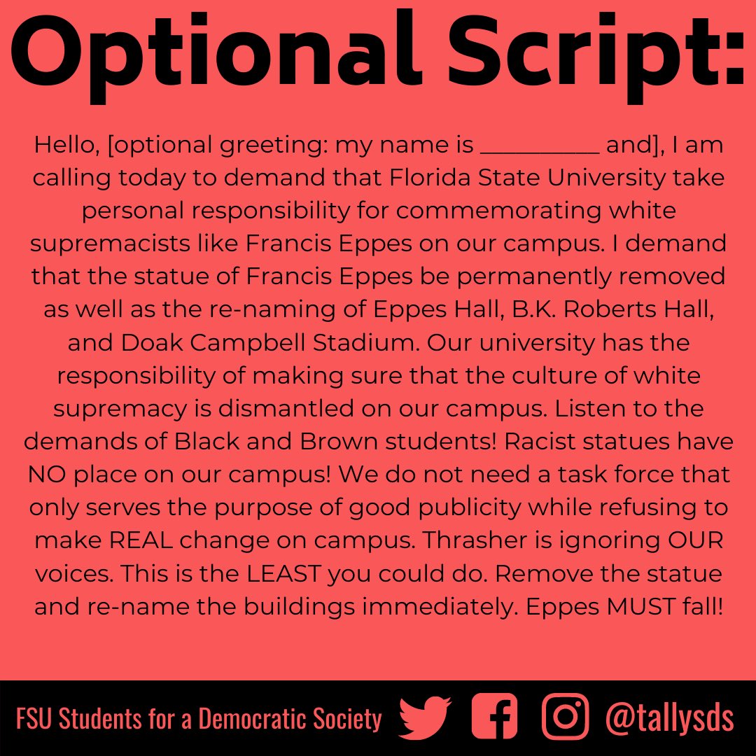 TallySDS's tweet photo. CALL IN DAY! THURSDAY 7/23

We demand the immediate removal of the Eppes statue as well as the renaming of Eppes Hall, Roberts Hall, and Doak Stadium. FSU continues to downplay its history irrevocably tied to slave labor. Enough is enough! #removedoak #Eppeshastogo #EppesMustFall https://t.co/BycltxHfSU