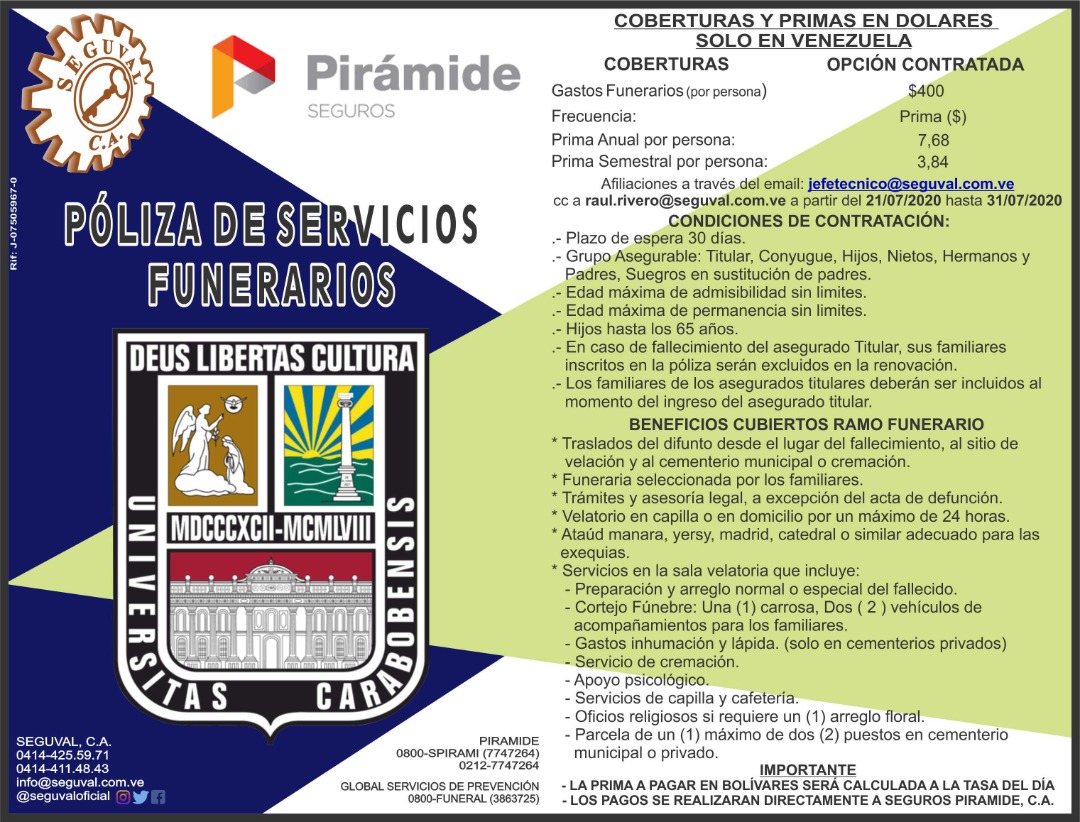 UCarabobo's tweet photo. #Atención Los ucistas que no se afiliaron durante el lapso otorgado por la @UCarabobo para incluirse en la Póliza de Servicio Funerario y descontarlo de su Bono Vacacional o Recreacional, tienen oportunidad de hacerlo directamente con Pirámide Seguro. 👇
https://t.co/crl1ArJ8Nm https://t.co/jvUediqZyu