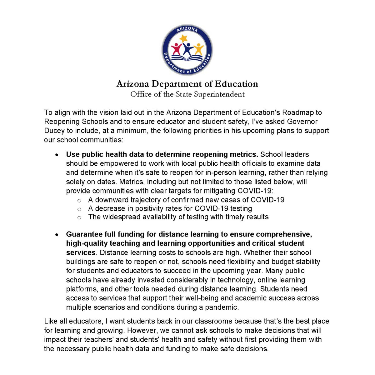 Supt_Hoffman's tweet photo. To align with the vision laid out in the Arizona Department of Education’s "Roadmap to Reopening Schools" and ensure educator and student safety, I’ve asked Governor Ducey to include, at a minimum, the following priorities in his upcoming plans to support our school communities: https://t.co/Of7CsKWGPR