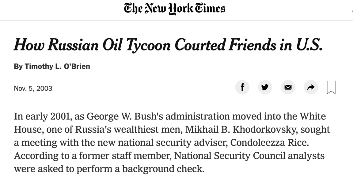 This 2003  @nytimes article was before Khodorkovsky's arrests shows his elite connections -- Kissenger, the Carlyle Group, Democrats, Republicans. .