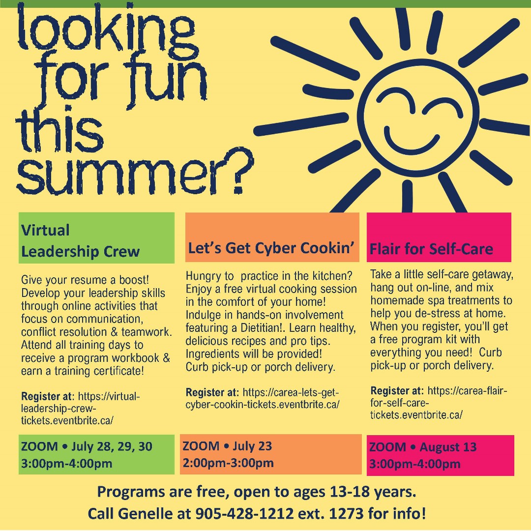 durhamchc's tweet photo. Sign up for Leadership Crew and Flair for Self Care - they are  FREE!!!!  Cyber Cookin' is now full!  Call Genelle at 905-428-1212 x1273 for more information or head to the eventbrite link in the flyer to register online.  #summerfun https://t.co/sHTDGvXVaZ