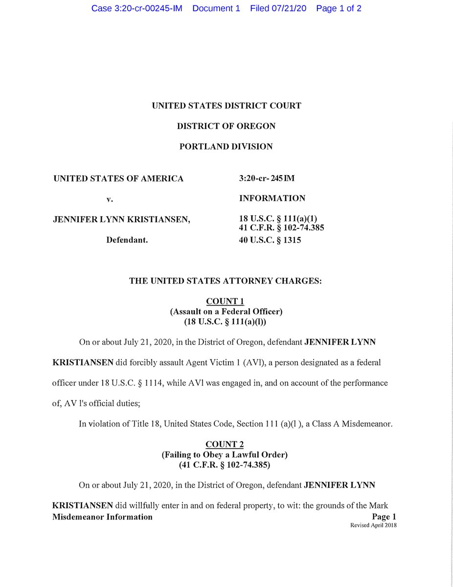 Charges filed in D. Oregon for assault on a federal officer and failing to obey a lawful order):  https://www.courtlistener.com/recap/gov.uscourts.ord.153663/gov.uscourts.ord.153663.1.0_1.pdf