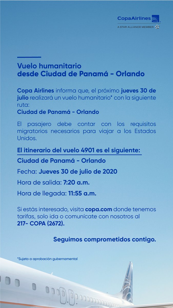 CopaAirlines's tweet photo. IMPORTANTE: Información sobre próximos vuelos humanitarios desde Ciudad de Panamá. Pasajeros interesados, favor contactarnos a nuestro centro de reservaciones al (507) 217-2672 o visitar https://t.co/ZgRFo8MWkq. https://t.co/9hSlImFCQy