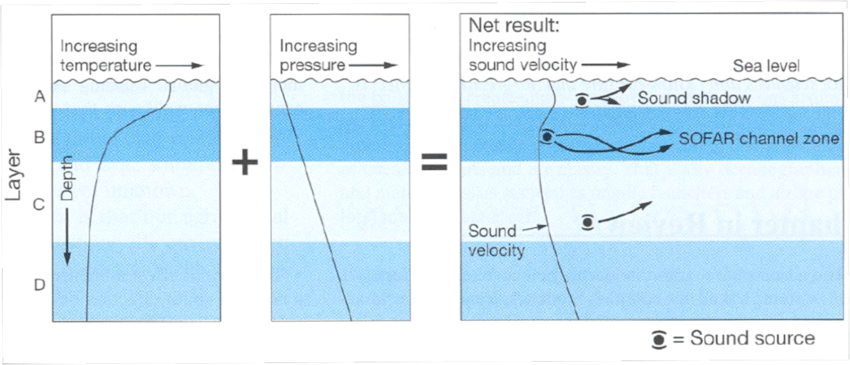 This is called the SOFAR layer, presumably describing how far the sound travels.With depth, ocean temperature decreases (lowering speed of sound), while pressure increases (raising speed). Together, sound speed is minimized at ~1km depth.12/n