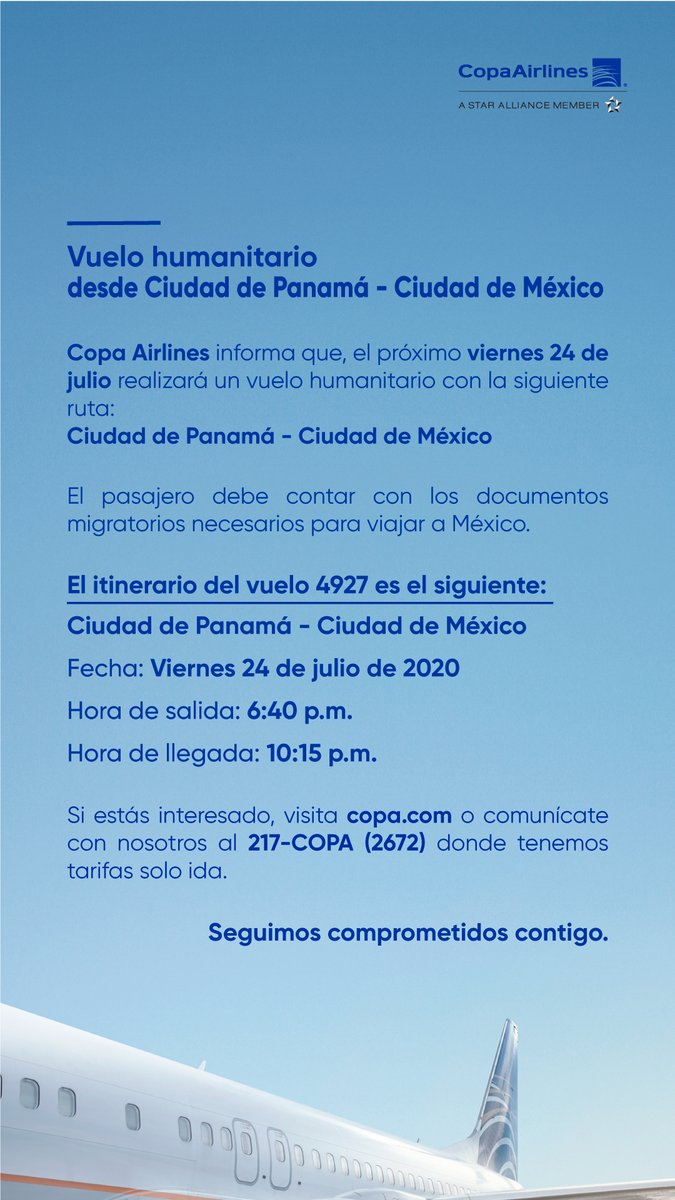 CopaAirlines's tweet photo. IMPORTANTE: Información sobre próximos vuelos humanitarios desde Ciudad de Panamá. Pasajeros interesados, favor contactarnos a nuestro centro de reservaciones al (507) 217-2672 o visitar https://t.co/ZgRFo8MWkq. https://t.co/9hSlImFCQy