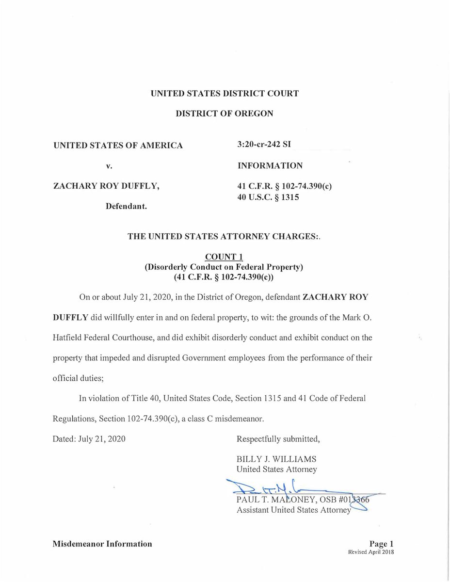 Charges filed against another person for disorderly conduct on federal property:  https://www.courtlistener.com/recap/gov.uscourts.ord.153667/gov.uscourts.ord.153667.1.0.pdf