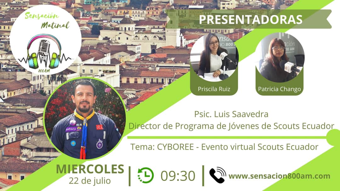 ScoutsEcuador's tweet photo. Cyboree || 👨💻⚜👩💻
🗣🎙Mañana estaremos en @RadioSensación800AM hablando sobre el Movimiento Scout y el #Cyboree2020, el mayor evento de celebración de nuestro centenario. ¡No te lo pierdas!
Escúchanos 👉 https://t.co/Y9DCKXrN70
#CyboreeSCOUT
#GoCyboree
#ScoutsEcuador https://t.co/iZsXXZZALe