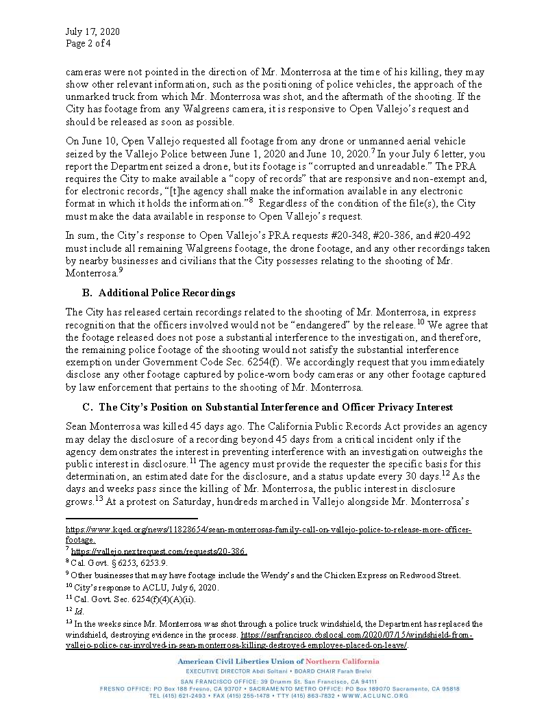 OpenVallejo's tweet photo. BREAKING: According to Interim @CityofVallejo Attorney Randy Risner, "the remaining footage in the Sean Monterrosa matter will be available on the City’s website later this week." The footage will be made public pursuant to a request by Open Vallejo, with help from @ACLU_Norcal. https://t.co/C7YyEOfjxz